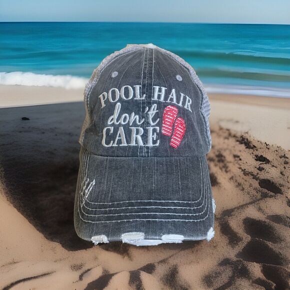 POOL HAIR DON'T CARE Snap Back Distressed Gray Black Pink Trucker Cap Hat Fun - Picture 1 of 7